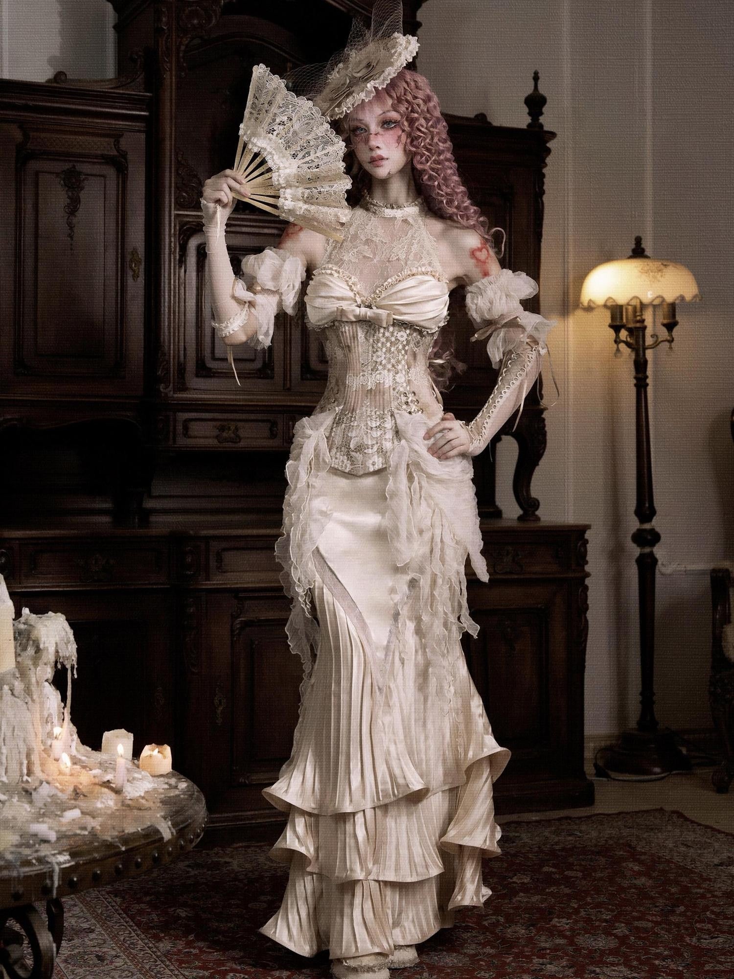 BLOOD SUPPLY Rococo Vintage Fishbone Lace Halter Mesh Puff Sleeve Women's Lyocell Bustiers