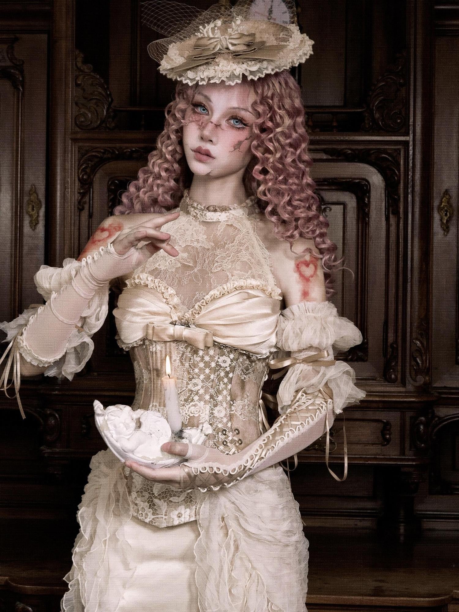 BLOOD SUPPLY Rococo Vintage Fishbone Lace Halter Mesh Puff Sleeve Women's Lyocell Bustiers