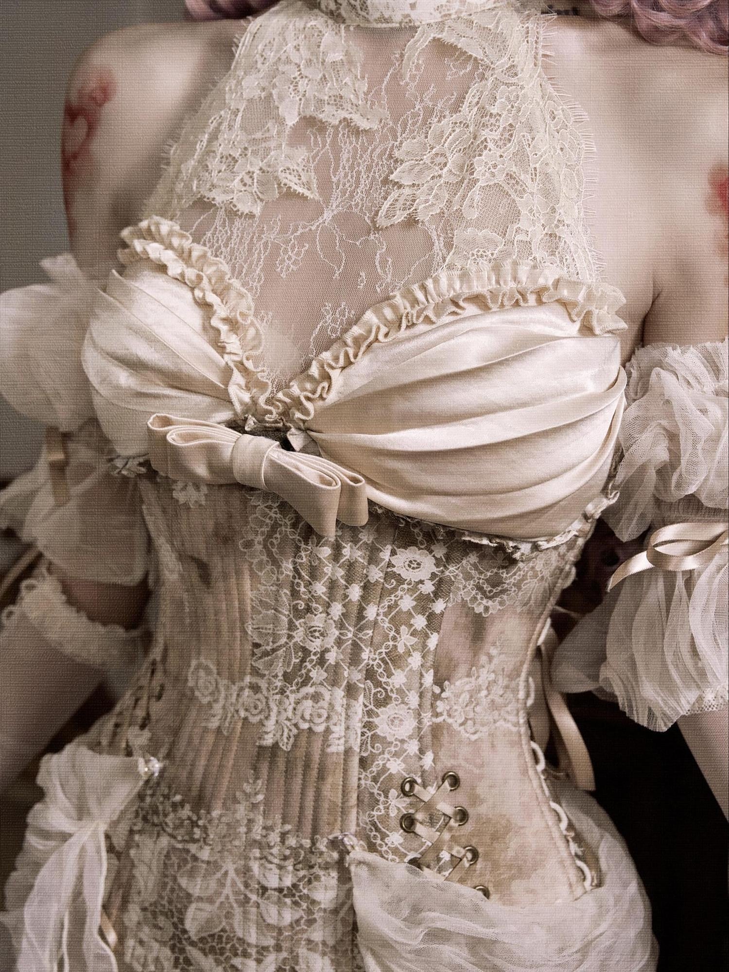 BLOOD SUPPLY Rococo Vintage Fishbone Lace Halter Mesh Puff Sleeve Women's Lyocell Bustiers