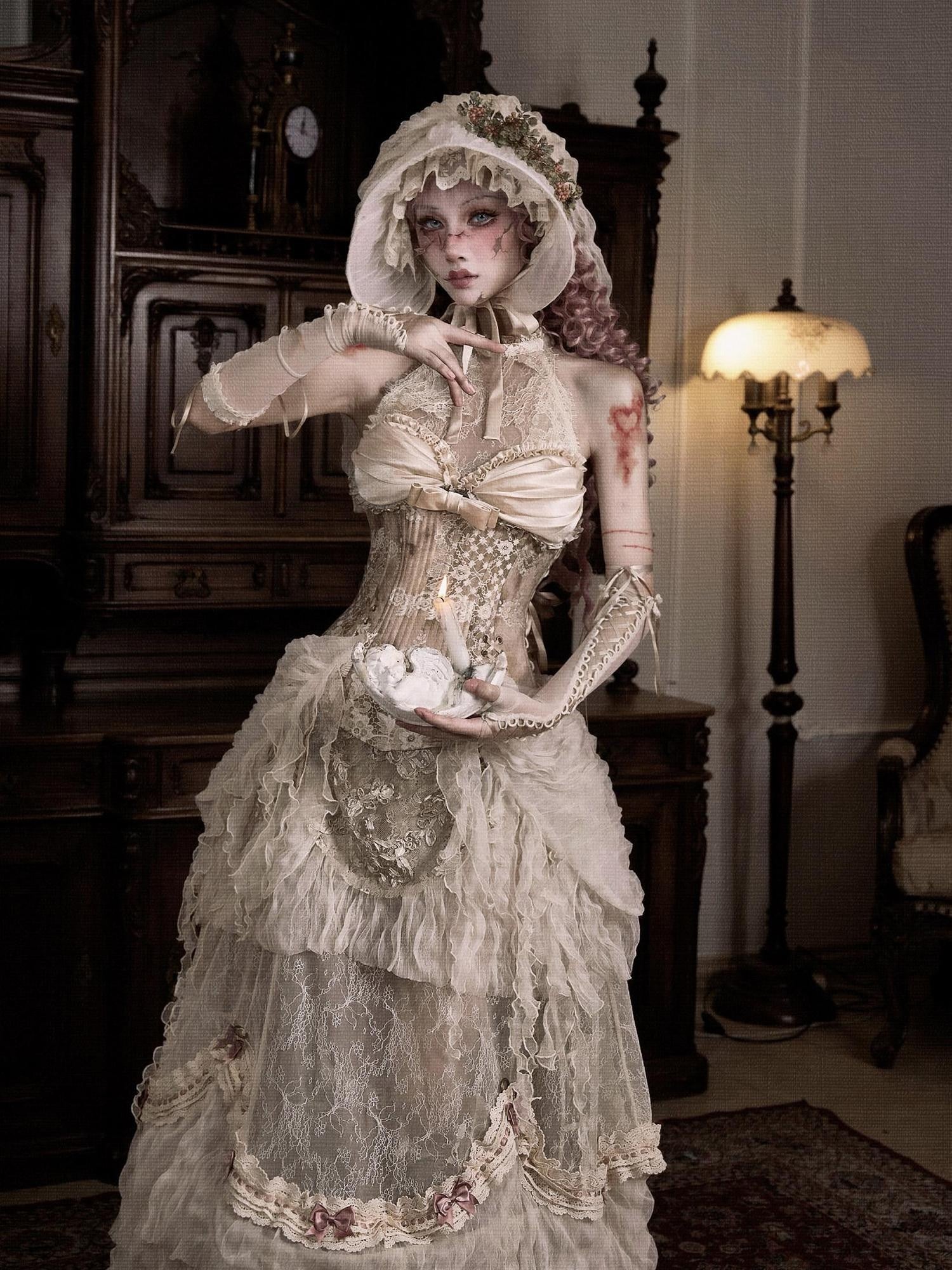 BLOOD SUPPLY Rococo Vintage Fishbone Lace Halter Mesh Puff Sleeve Women's Lyocell Bustiers