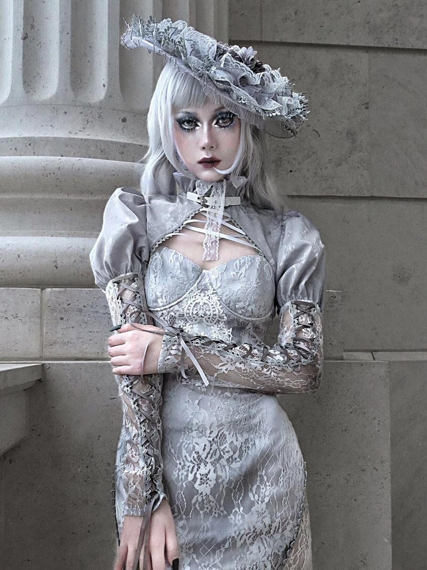 BLOOD SUPPLY Rose Funeral Gothic Washed Jacquard Backless Cropped Tie Women's Lace Boleros