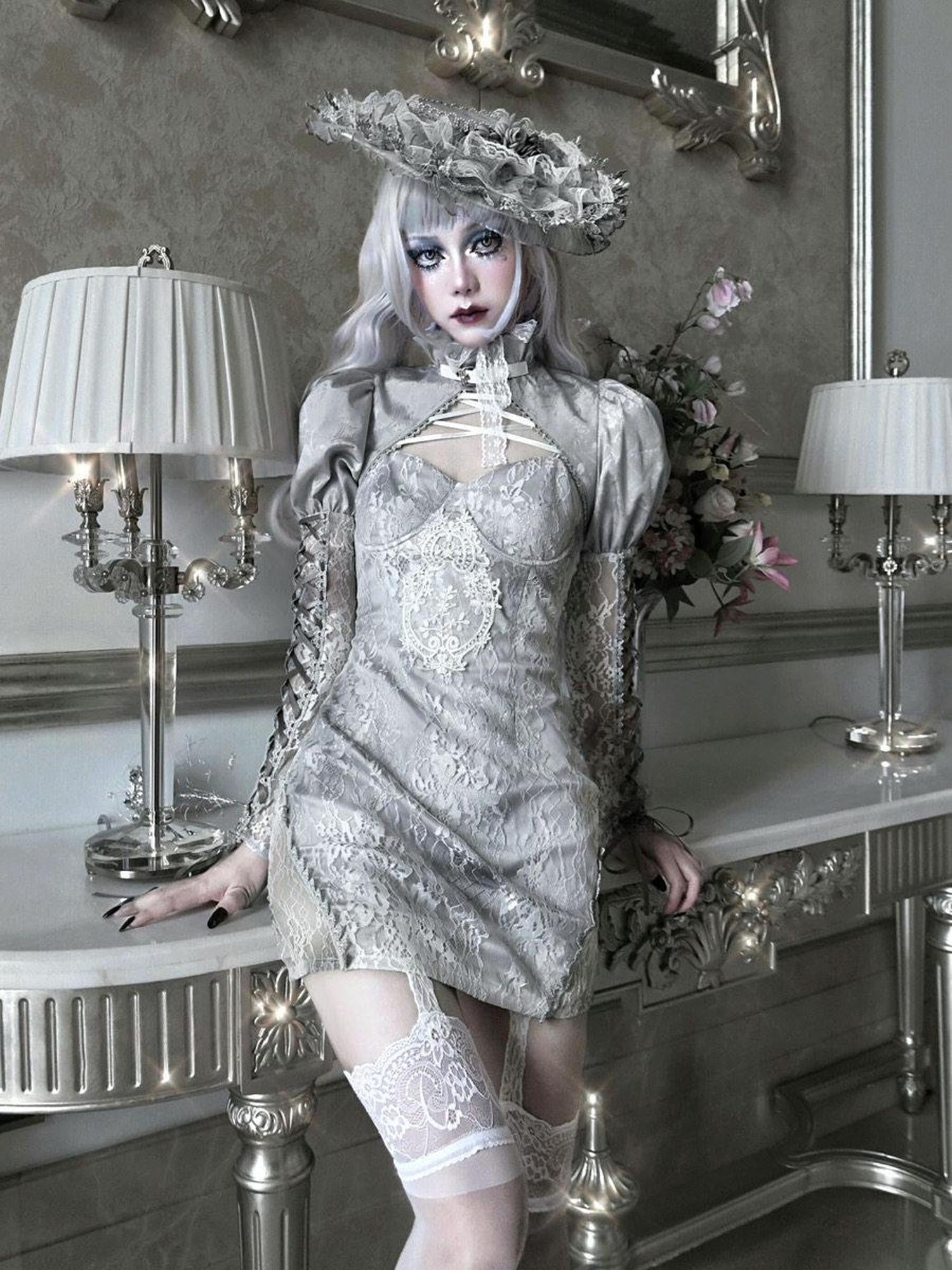 BLOOD SUPPLY Rose Funeral Gothic Washed Jacquard Backless Cropped Tie Women's Lace Boleros