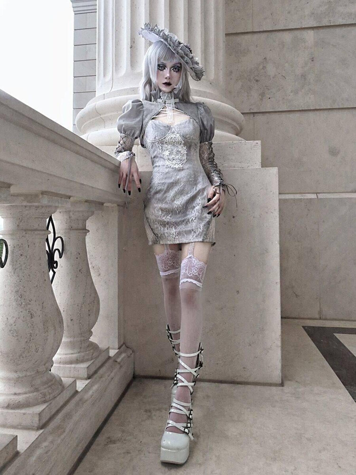 BLOOD SUPPLY Rose Funeral Gothic Washed Jacquard Backless Cropped Tie Women's Lace Boleros