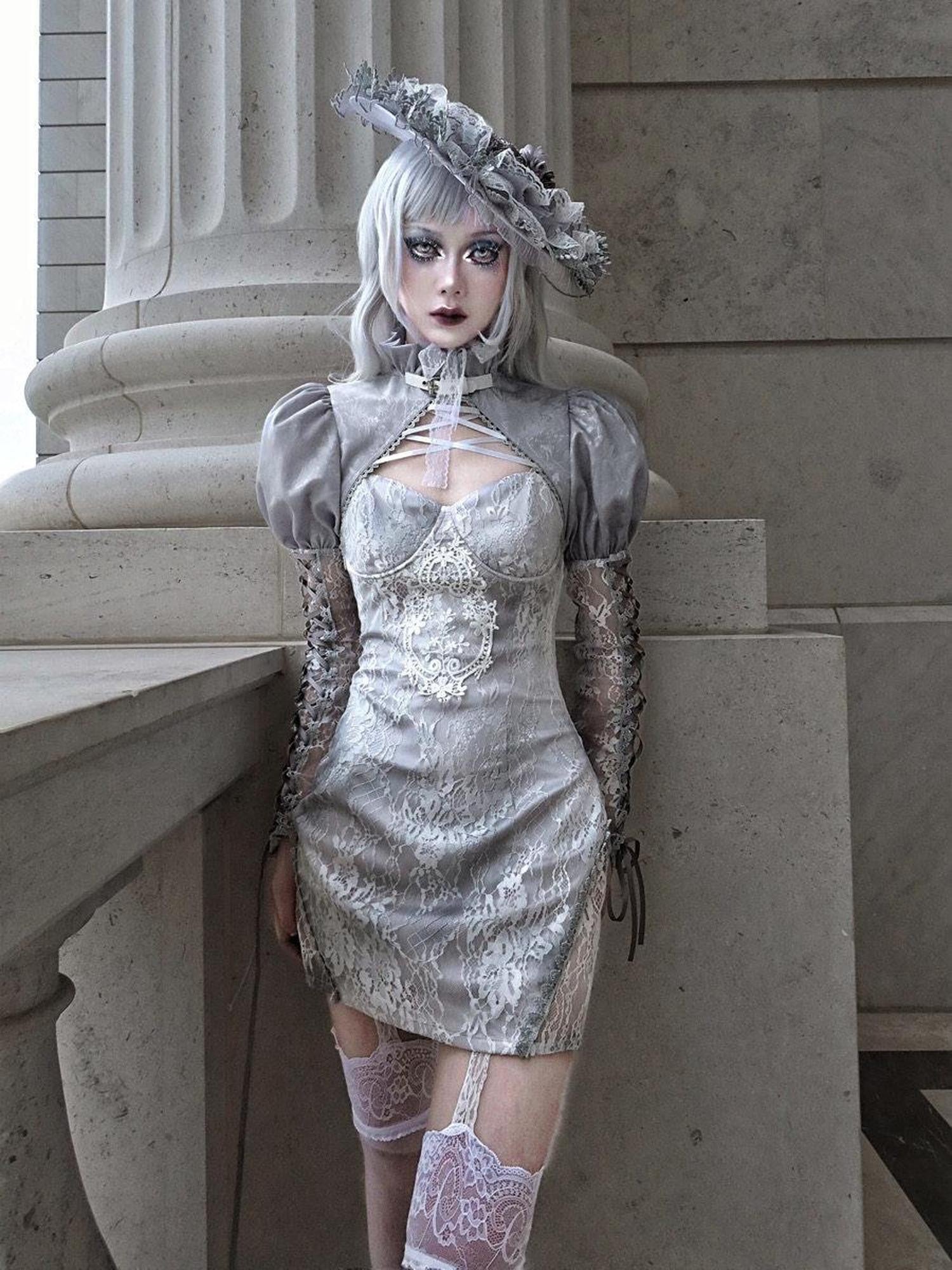 BLOOD SUPPLY Rose Funeral Gothic Washed Jacquard Backless Cropped Tie Women's Lace Boleros