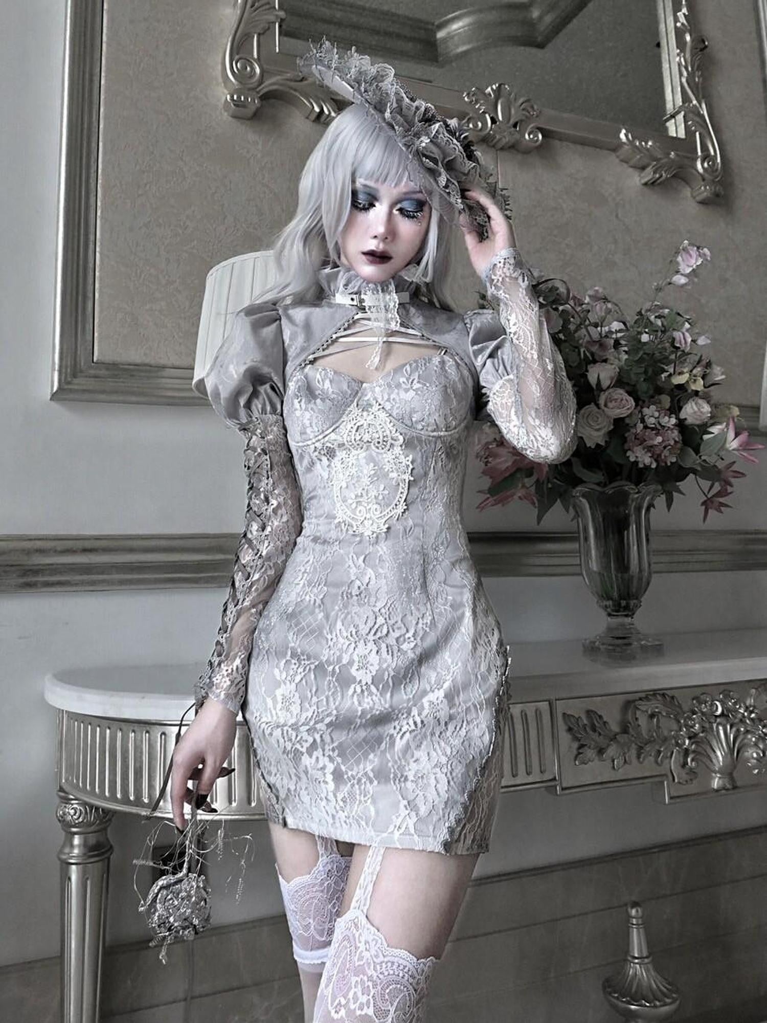 BLOOD SUPPLY Rose Funeral Gothic Washed Jacquard Backless Cropped Tie Women's Lace Boleros