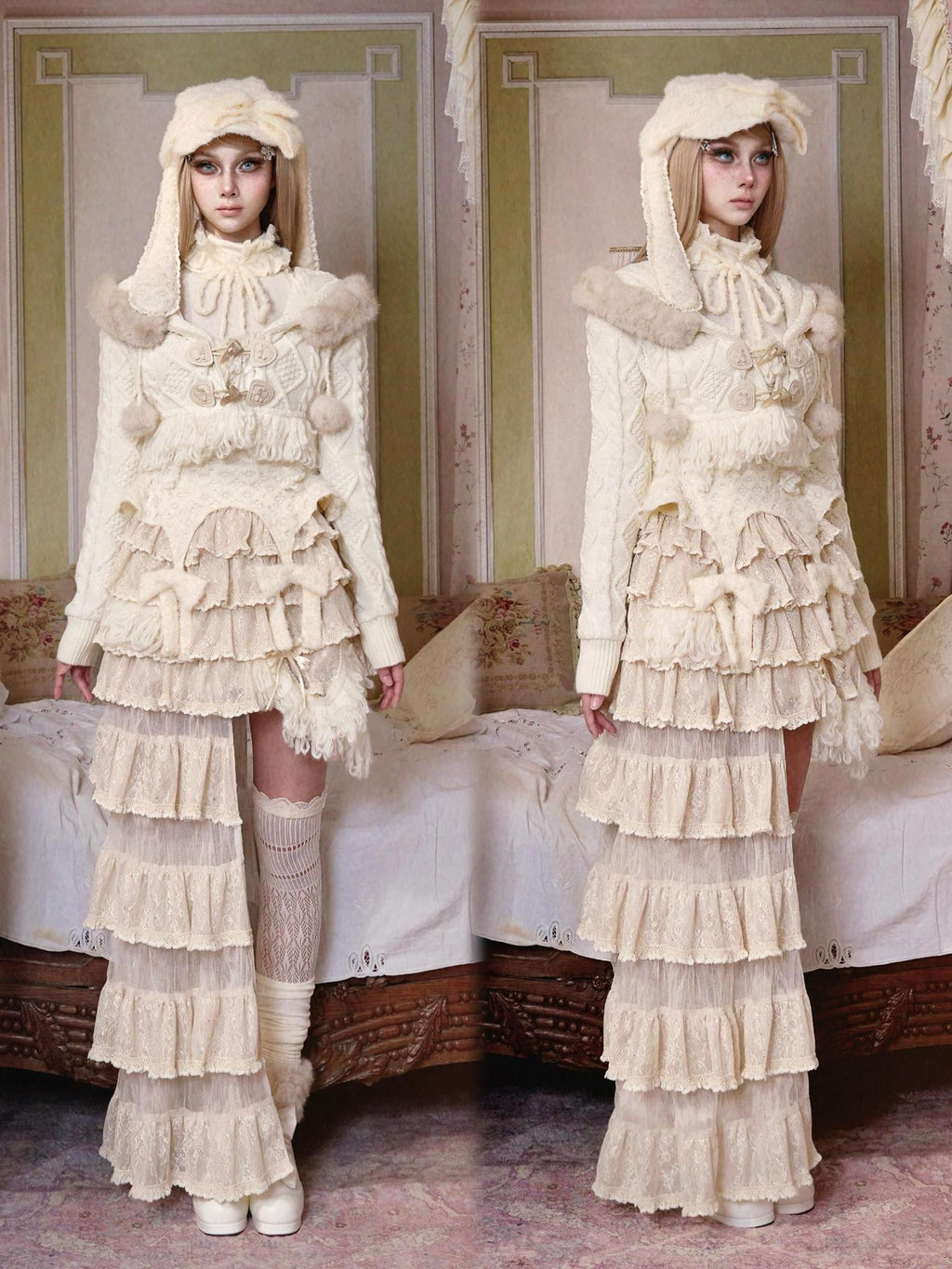 BLOOD SUPPLY Slavic Princess Cable Knit Detachable Fur Hooded Women's Acrylic Short Cardigans