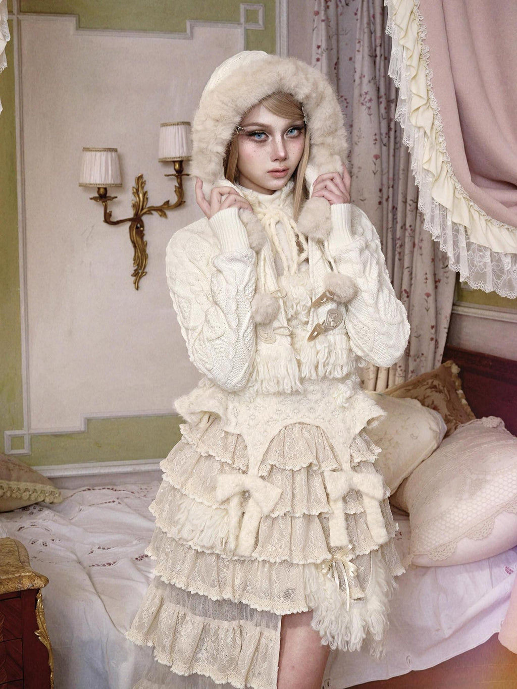 BLOOD SUPPLY Slavic Princess Cable Knit Detachable Fur Hooded Women's Acrylic Short Cardigans