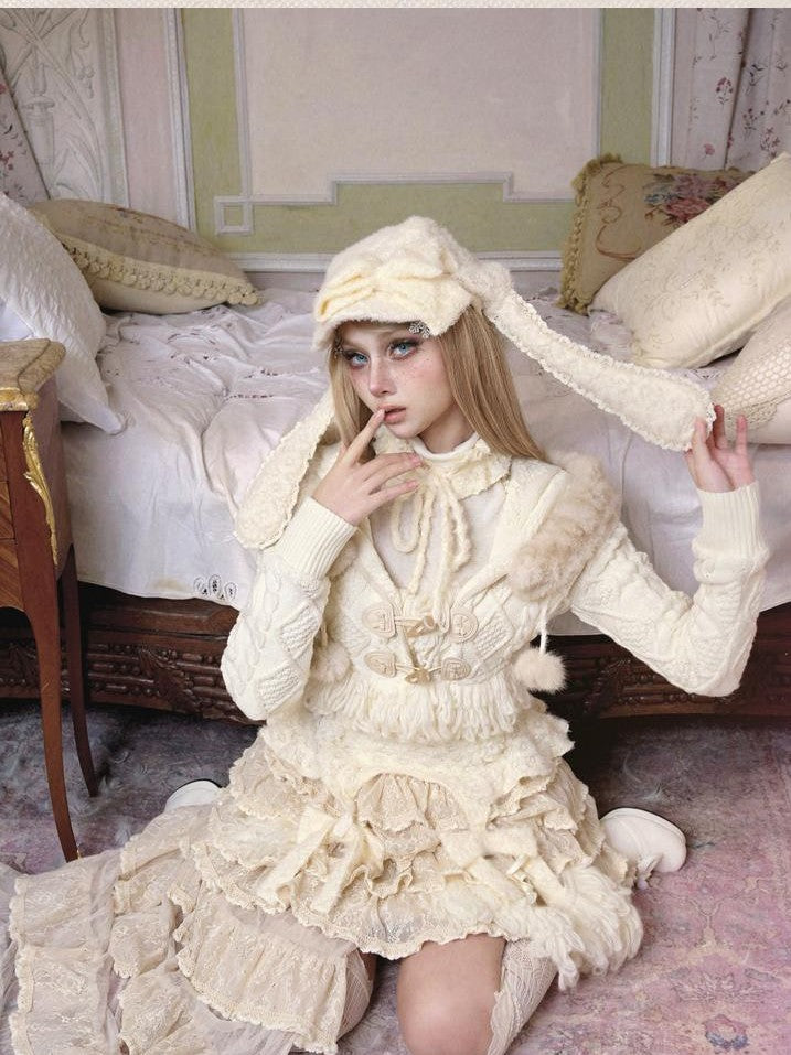 BLOOD SUPPLY Slavic Princess Cable Knit Detachable Fur Hooded Women's Acrylic Short Cardigans