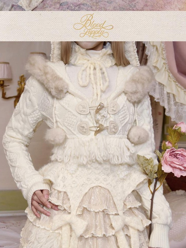 BLOOD SUPPLY Slavic Princess Cable Knit Detachable Fur Hooded Women's Acrylic Short Cardigans