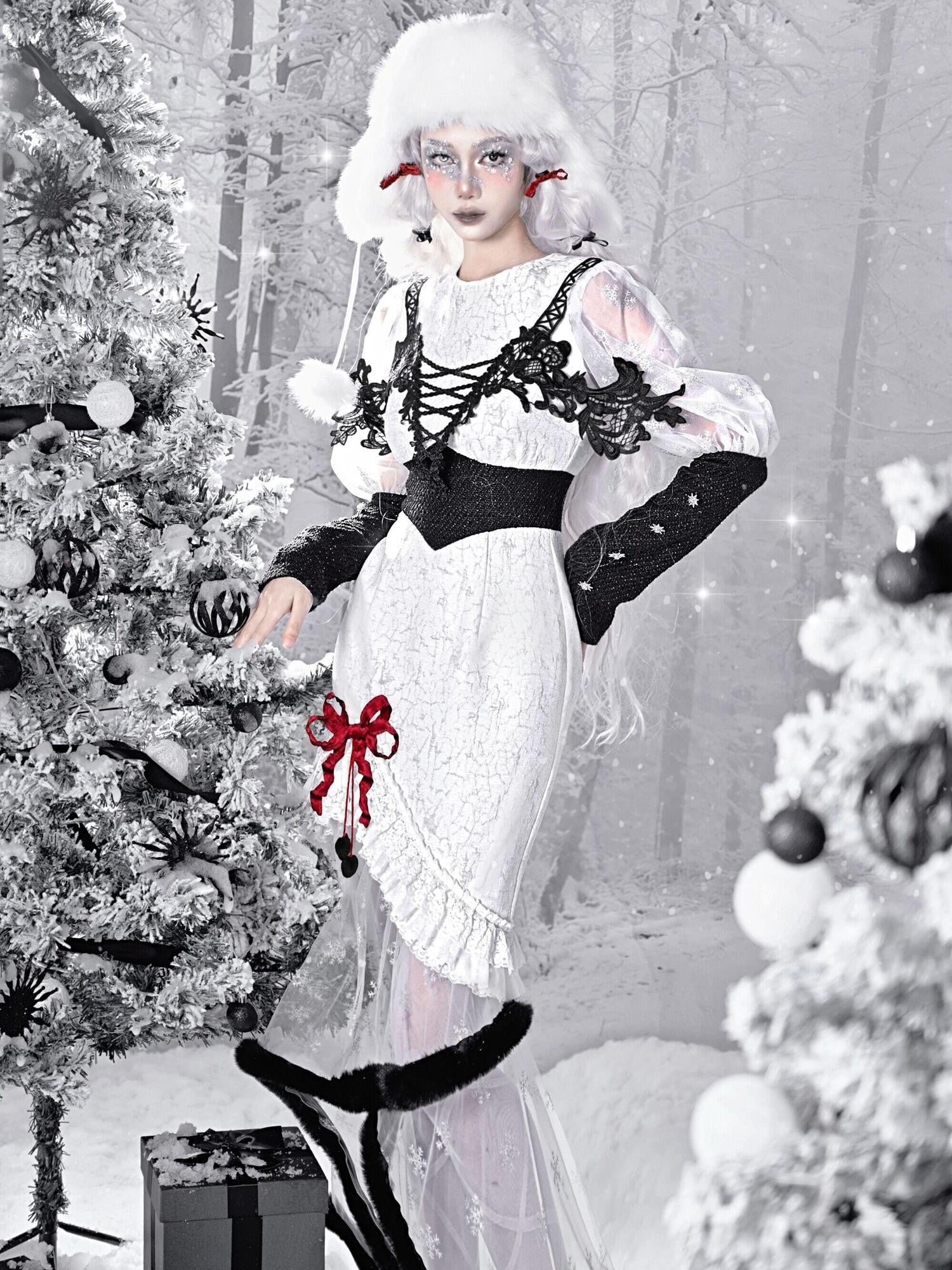 BLOOD SUPPLY Snowflake Gothic Lace Puff Mermaid Women's Light Tweed Long Sleeve Op