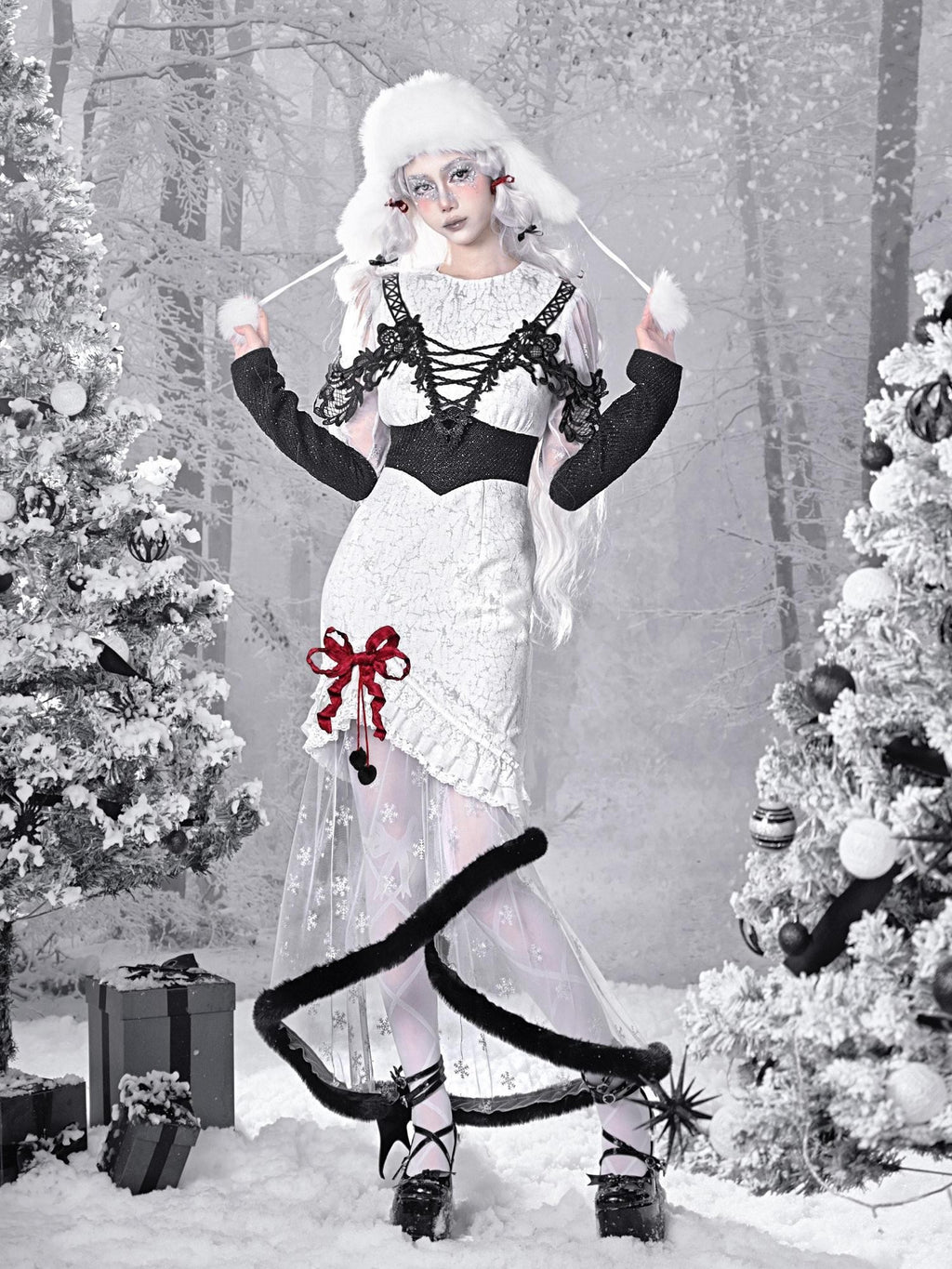 BLOOD SUPPLY Snowflake Gothic Lace Puff Mermaid Women's Light Tweed Long Sleeve Op