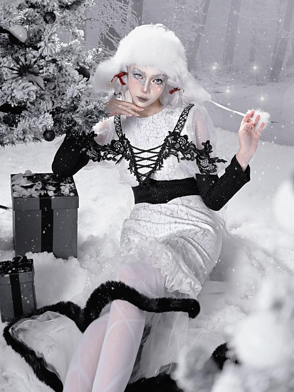 BLOOD SUPPLY Snowflake Gothic Lace Puff Mermaid Women's Light Tweed Long Sleeve Op