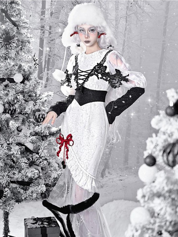 BLOOD SUPPLY Snowflake Gothic Lace Puff Mermaid Women's Light Tweed Long Sleeve Op