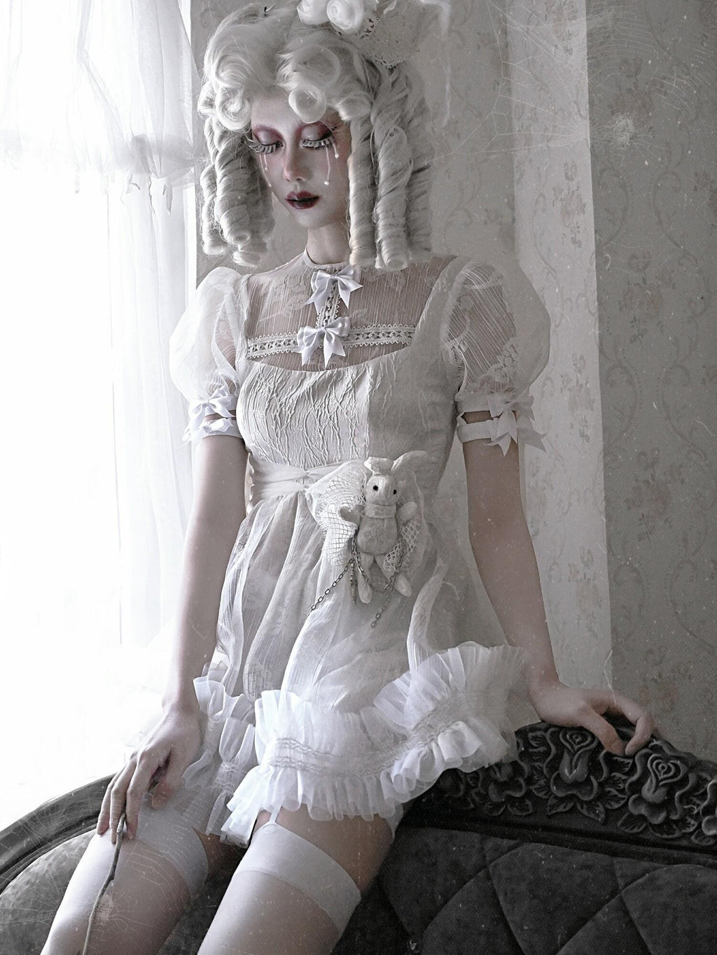 BLOOD SUPPLY White Gothic 3d Tulle Puff High Waist Aline Women's Polyester Short Sleeve Op