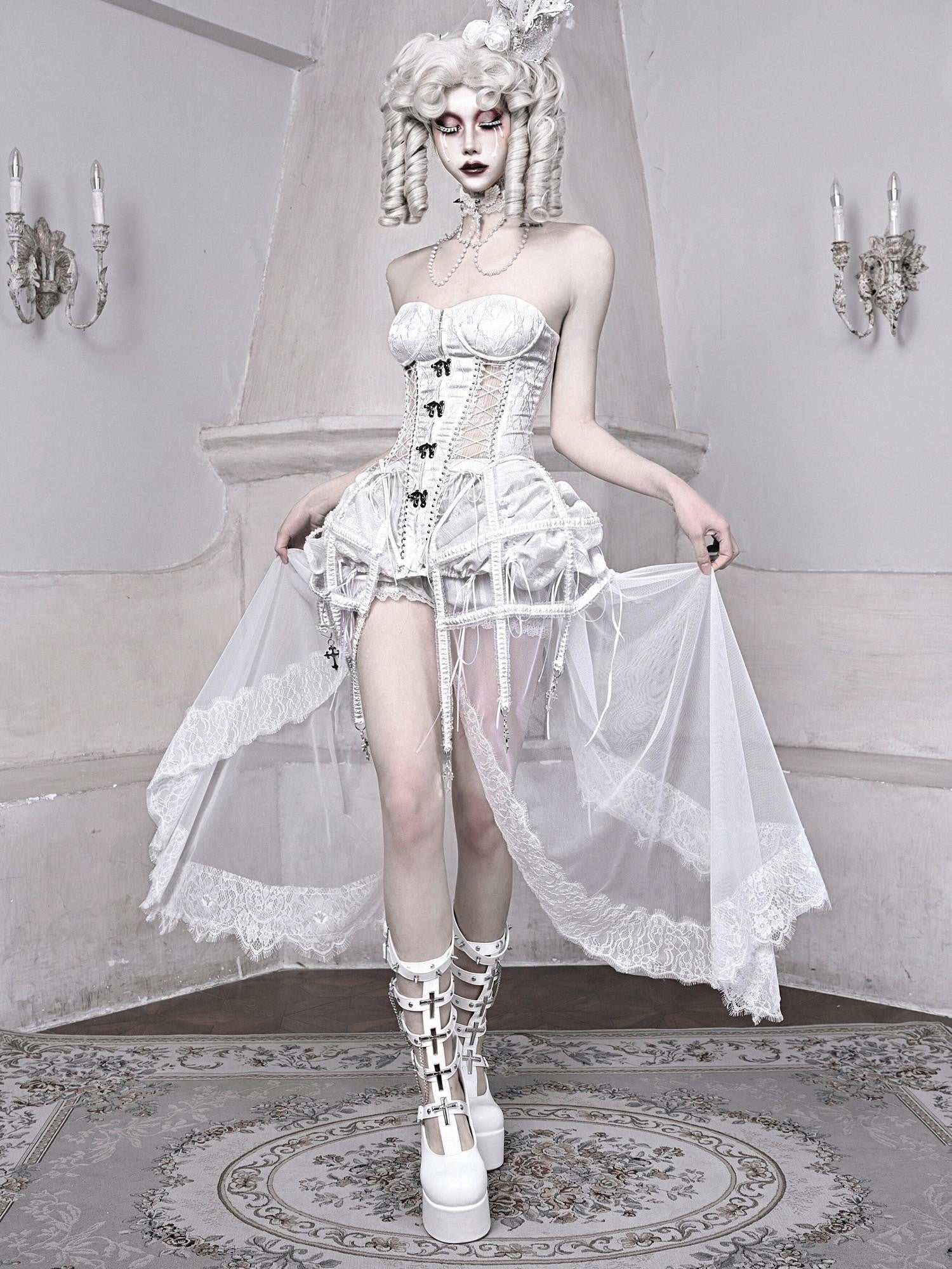 BLOOD SUPPLY White Gothic Boned Lace Up Birdcage Waist Cinching Women's Polyester Bustiers