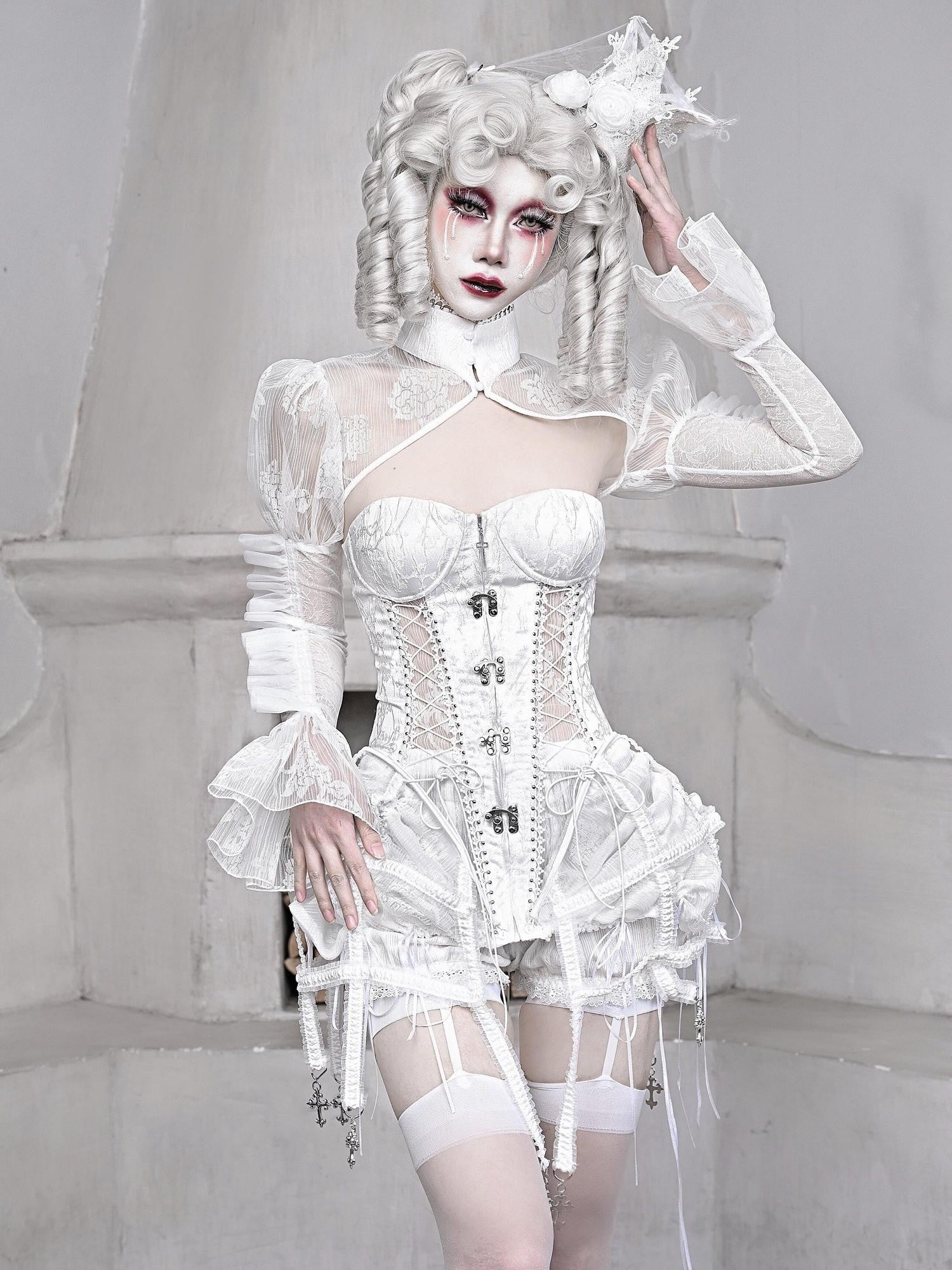 BLOOD SUPPLY White Gothic Boned Lace Up Birdcage Waist Cinching Women's Polyester Bustiers