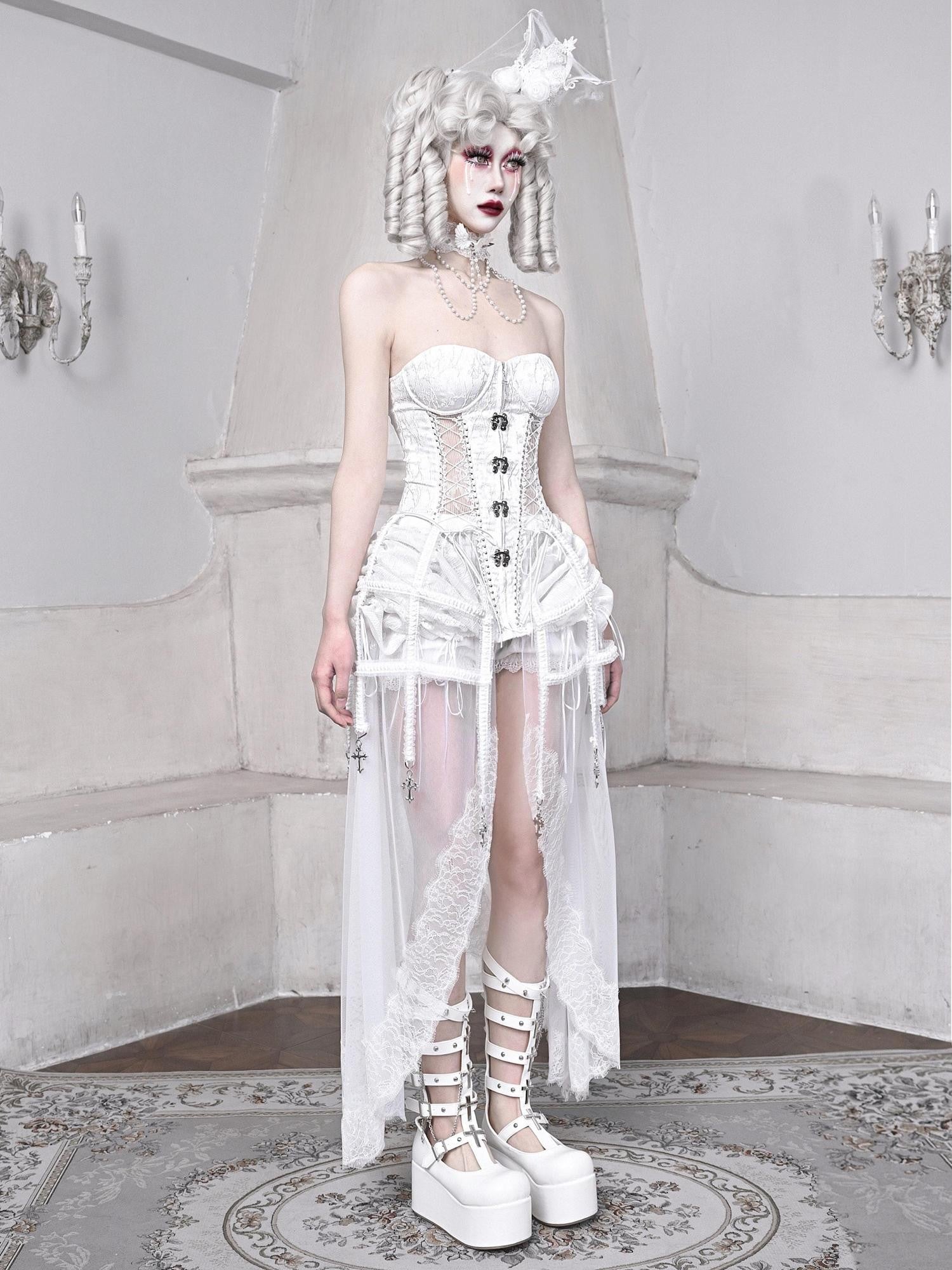 BLOOD SUPPLY White Gothic Boned Lace Up Birdcage Waist Cinching Women's Polyester Bustiers