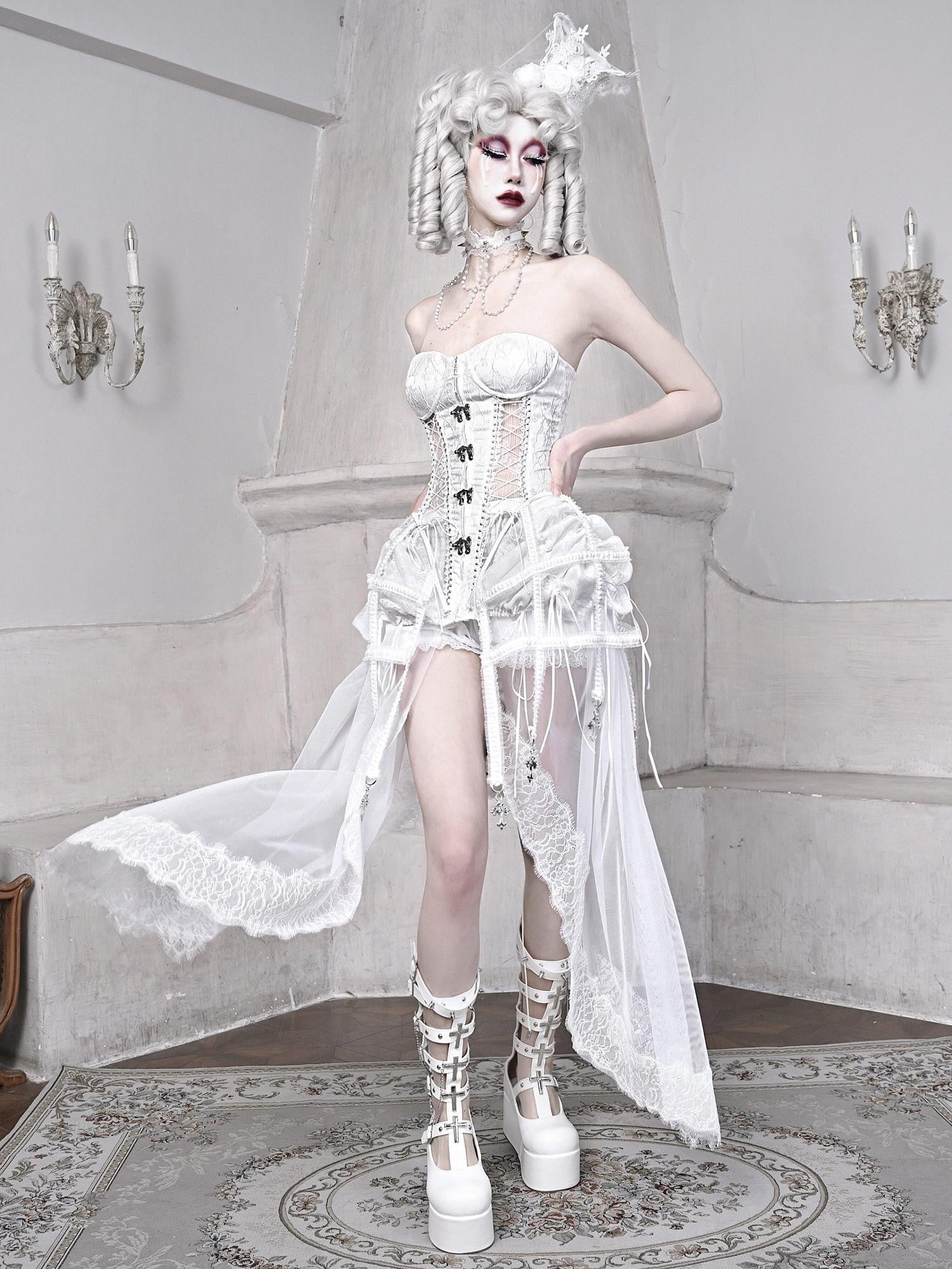 BLOOD SUPPLY White Gothic Boned Lace Up Birdcage Waist Cinching Women's Polyester Bustiers