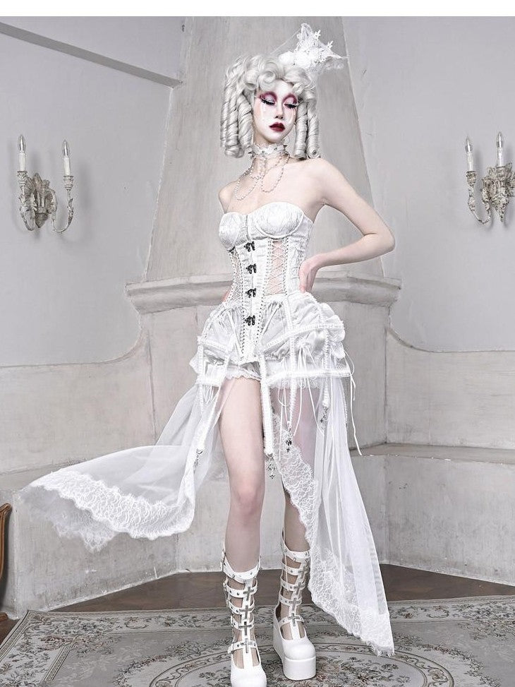 BLOOD SUPPLY White Gothic Boned Lace Up Birdcage Waist Cinching Women's Polyester Bustiers