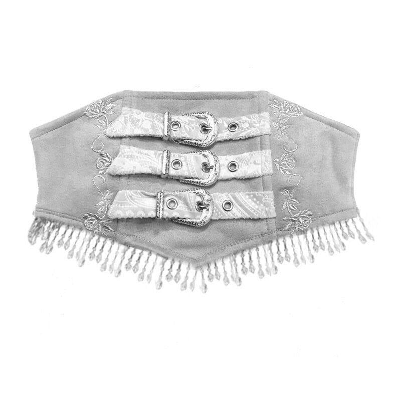 BLOOD_SUPPLY_White_Gothic_Silver_Thread_Embroidered_Fishbone_Tassel_Women's_Suede_Sashes_661902424521_MISSTT