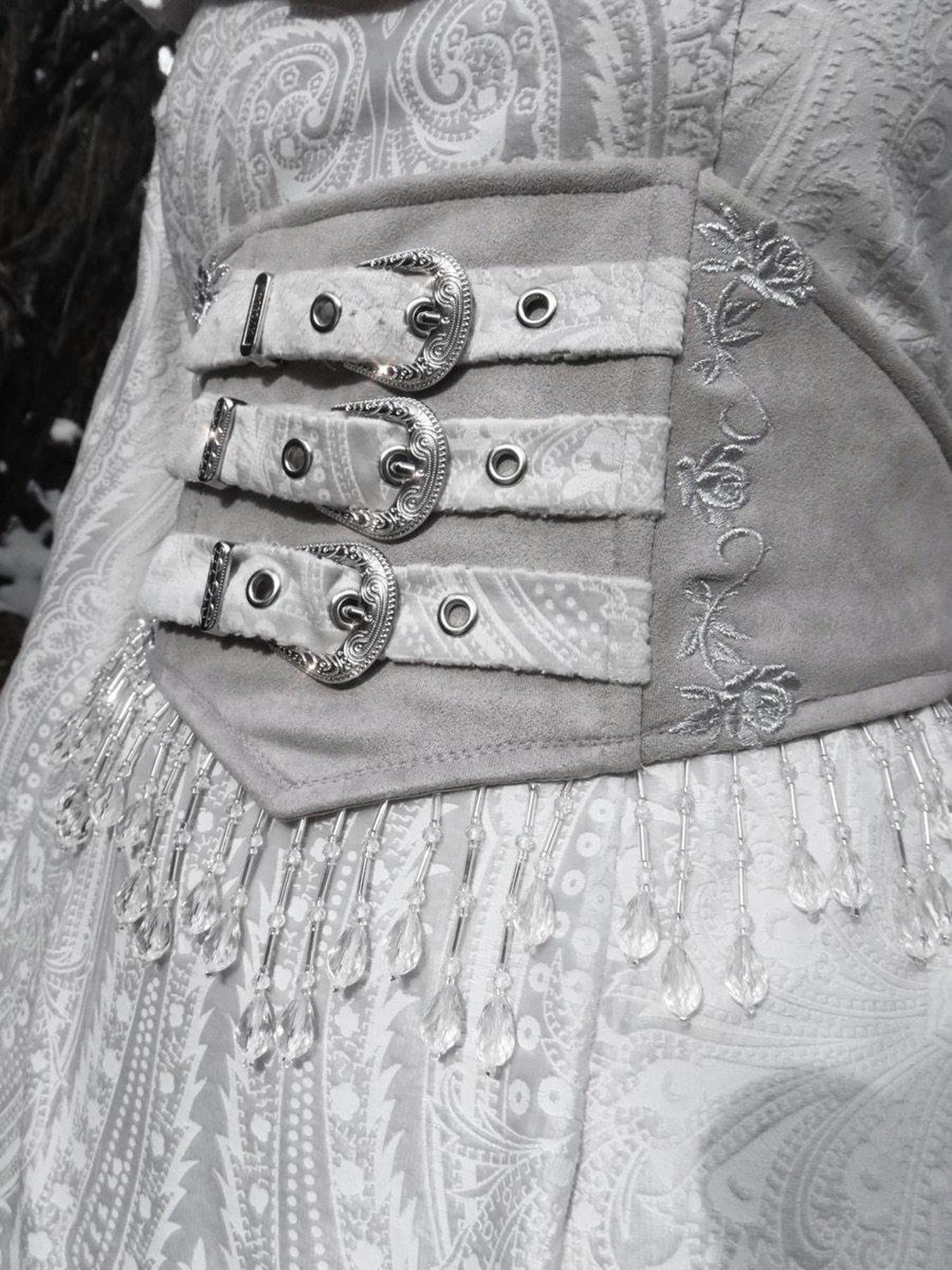 BLOOD SUPPLY White Gothic Silver Thread Embroidered Fishbone Tassel Women's Suede Sashes