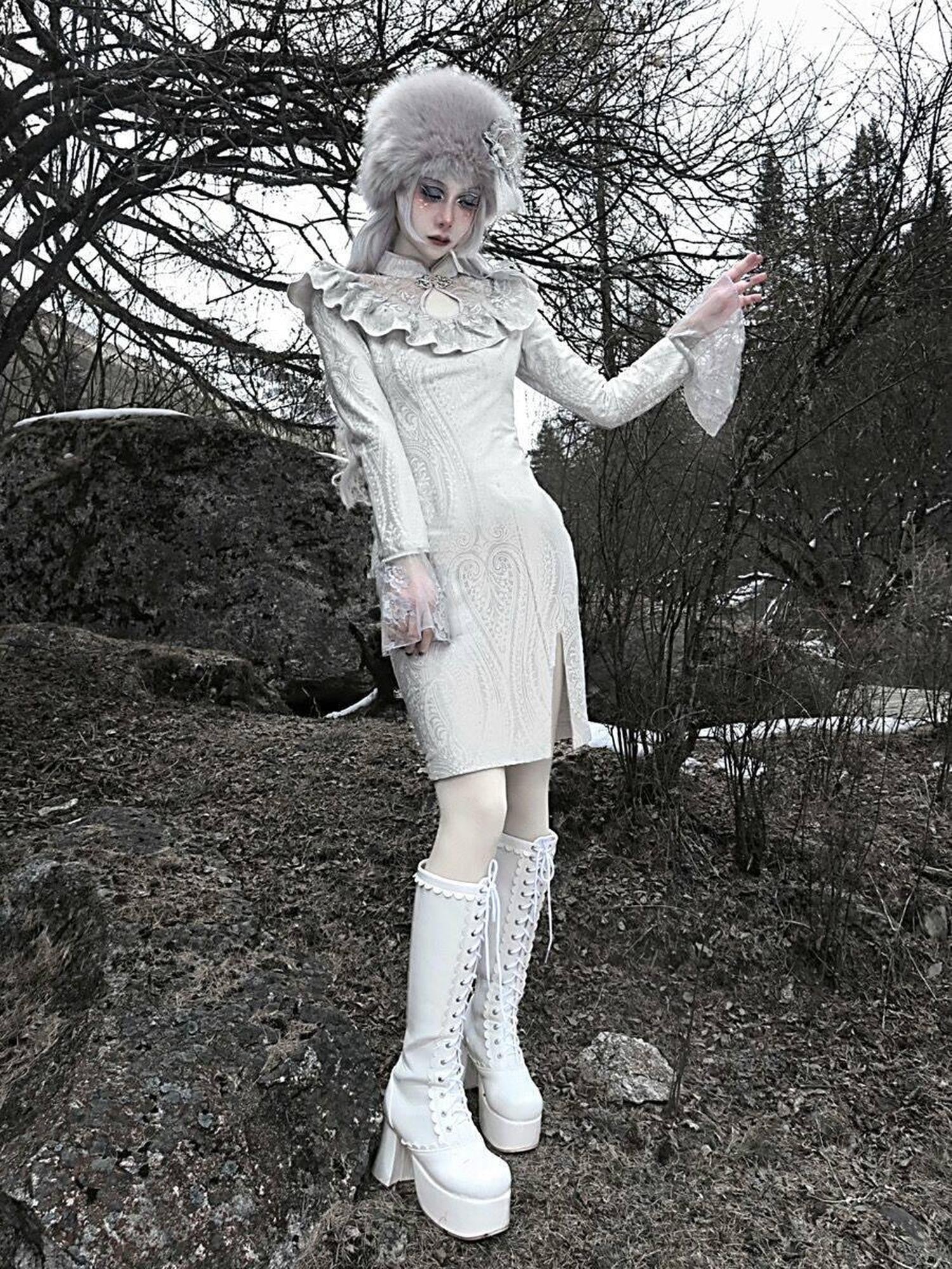 BLOOD SUPPLY White Gothic Velvet Lace Cheongsam Slit Flared Sleeve Women's Long Sleeve Op