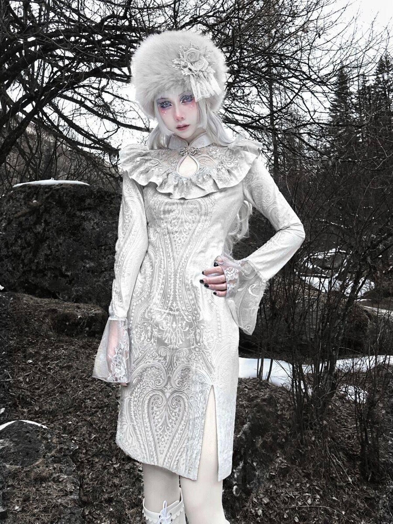 BLOOD SUPPLY White Gothic Velvet Lace Cheongsam Slit Flared Sleeve Women's Long Sleeve Op