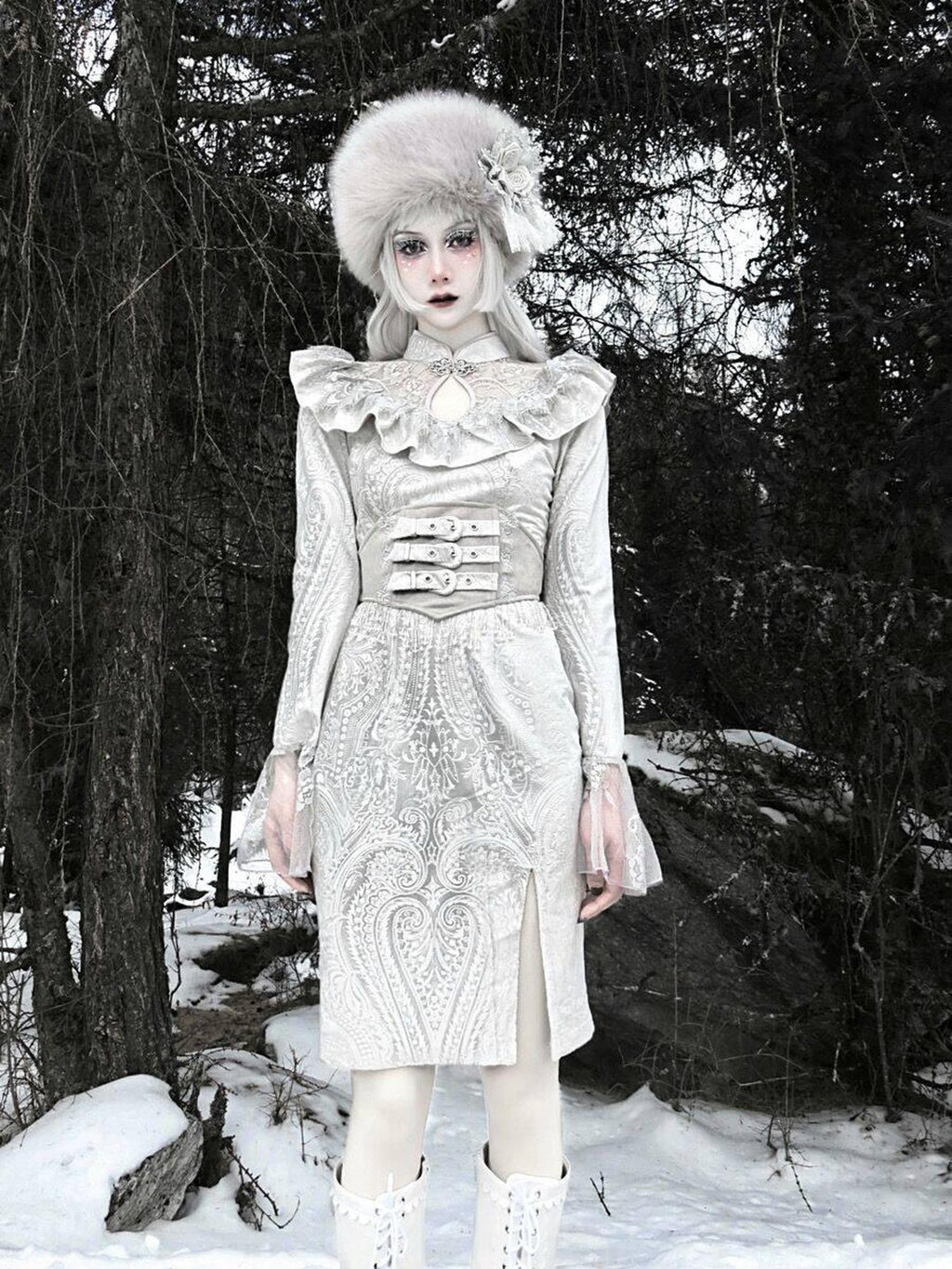 BLOOD SUPPLY White Gothic Velvet Lace Cheongsam Slit Flared Sleeve Women's Long Sleeve Op