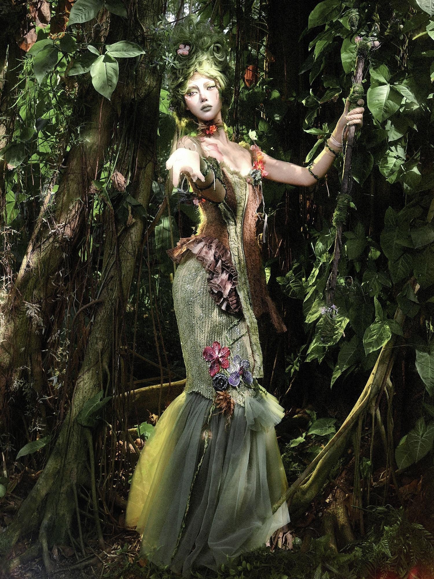 BLOOD SUPPLY Woodland Fairy Sequined Floral Tulle Tassel Mermaid Women's Polyester Skirts