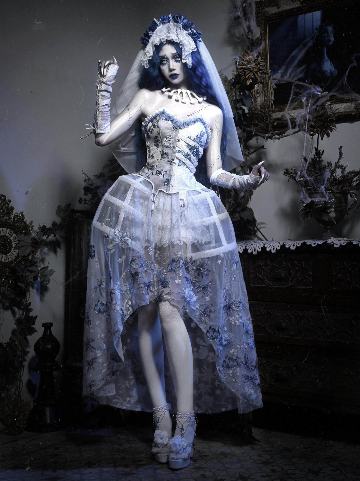 BLOOD SUPPLY Zombie Bride Gothic Rib Corset Embroidered Tulle Lace Cage Women's Jsk Sets