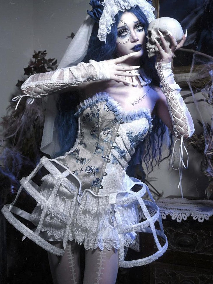 BLOOD SUPPLY Zombie Bride Gothic Rib Corset Embroidered Tulle Lace Cage Women's Jsk Sets