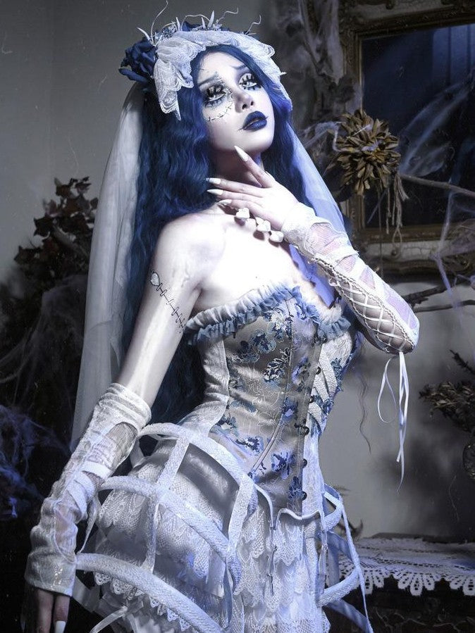 BLOOD SUPPLY Zombie Bride Gothic Rib Corset Embroidered Tulle Lace Cage Women's Jsk Sets