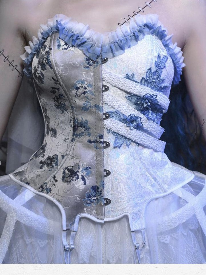 BLOOD SUPPLY Zombie Bride Gothic Rib Corset Embroidered Tulle Lace Cage Women's Jsk Sets
