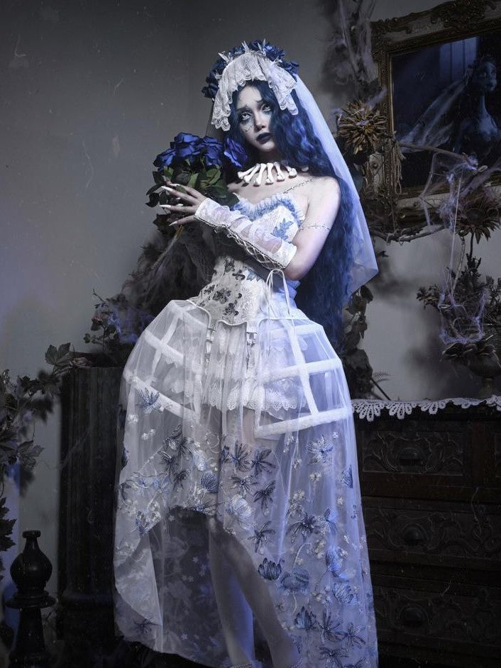 BLOOD SUPPLY Zombie Bride Gothic Rib Corset Embroidered Tulle Lace Cage Women's Jsk Sets
