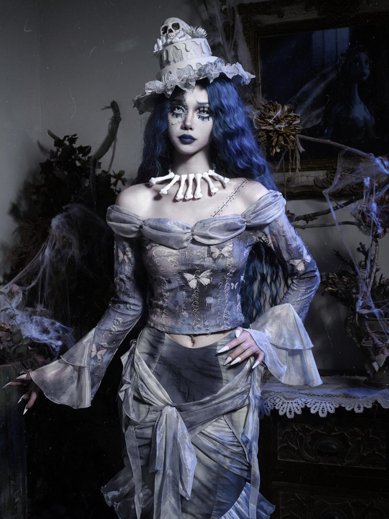 BLOOD SUPPLY Zombie Gothic Butterfly Ripped Bardot Women's Polyester Corsets