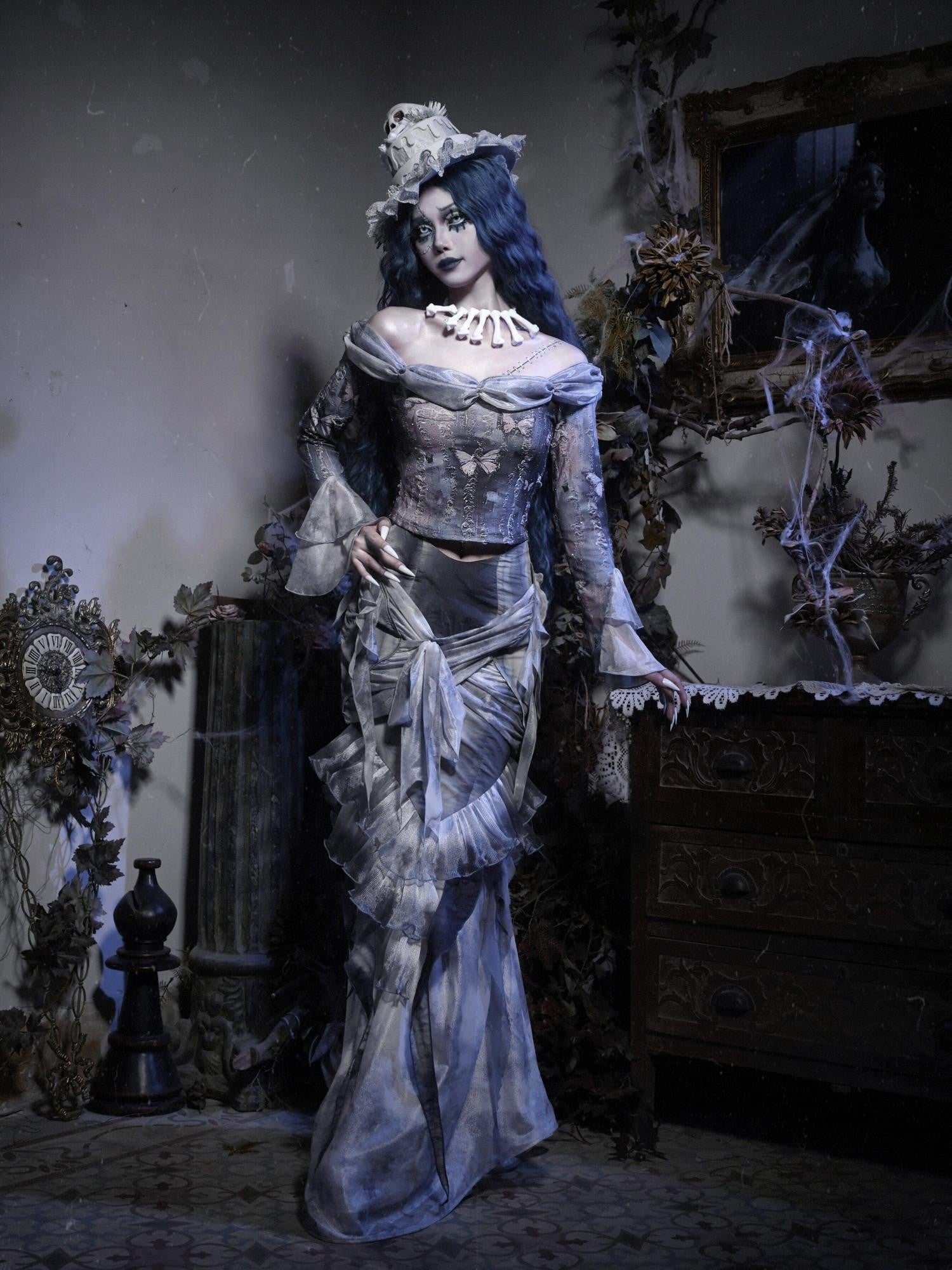 BLOOD SUPPLY Zombie Gothic Butterfly Ripped Bardot Women's Polyester Corsets