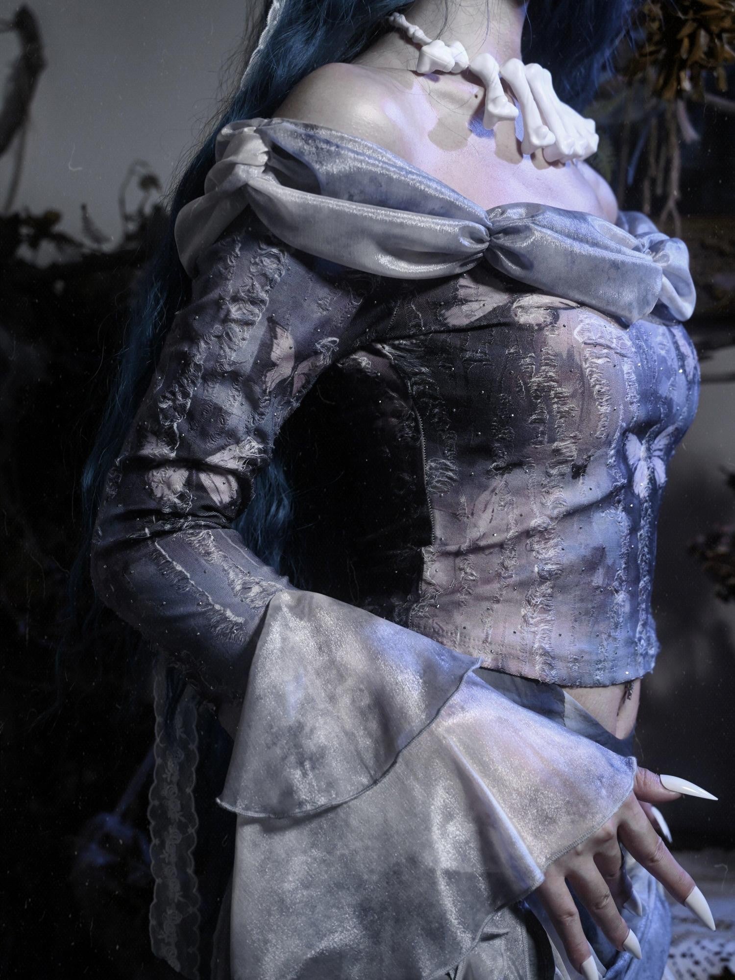 BLOOD SUPPLY Zombie Gothic Butterfly Ripped Bardot Women's Polyester Corsets