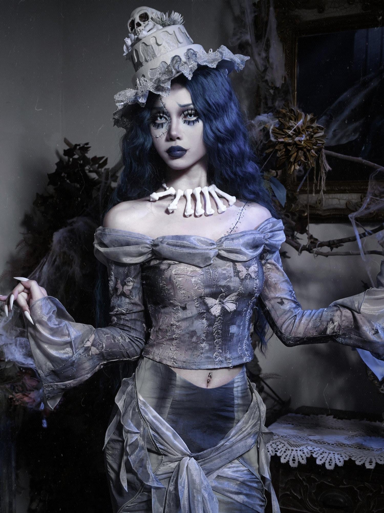 BLOOD SUPPLY Zombie Gothic Butterfly Ripped Bardot Women's Polyester Corsets