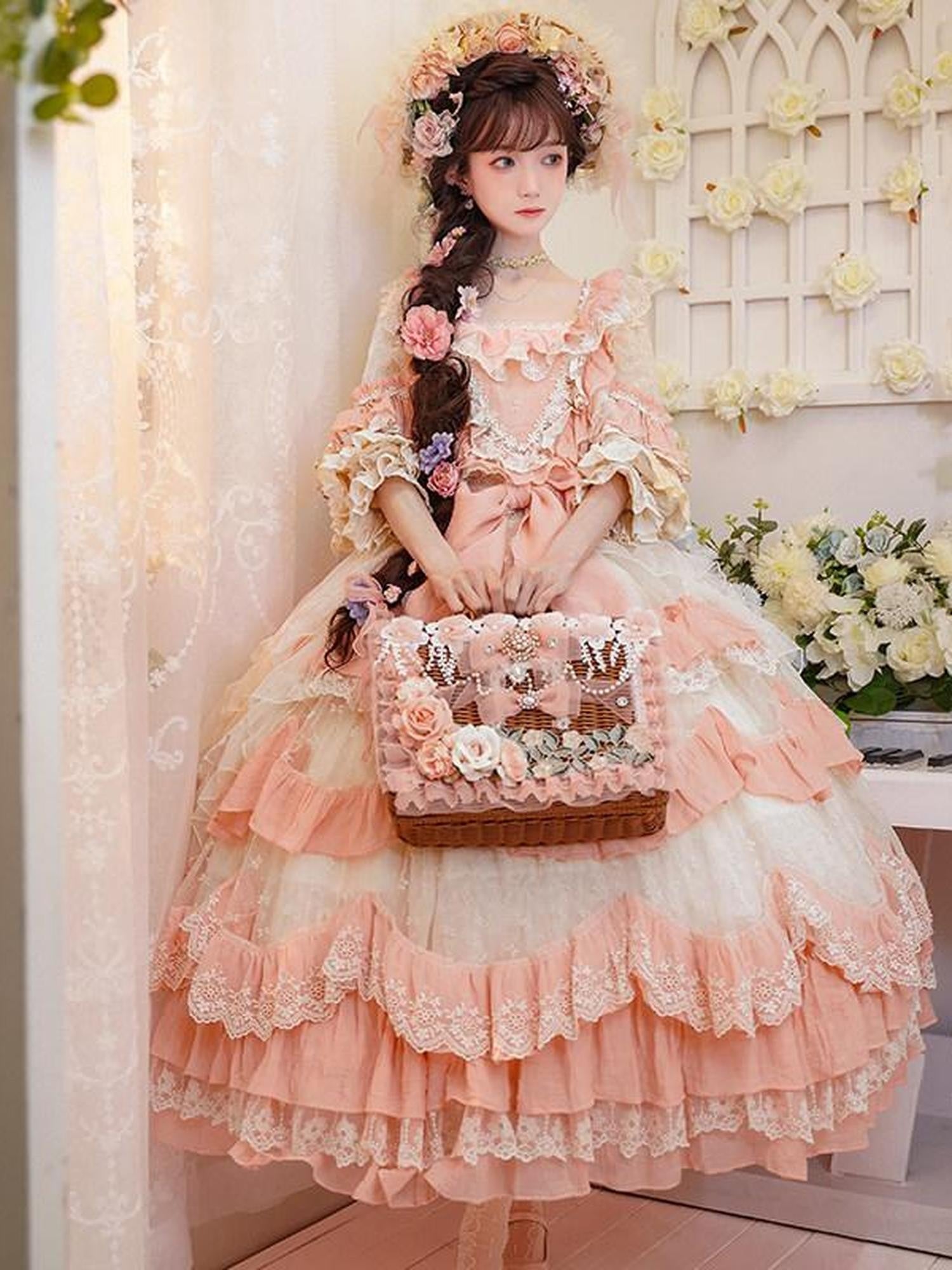 Cat little fairy Apricot Pink Floral Lolita Square Neck Puff Sleeve Women's Short Sleeve Op