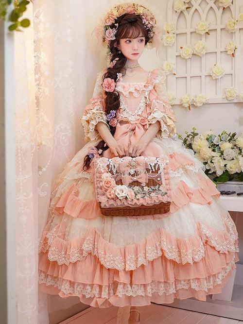 Cat little fairy Apricot Pink Floral Lolita Square Neck Puff Sleeve Women's Short Sleeve Op