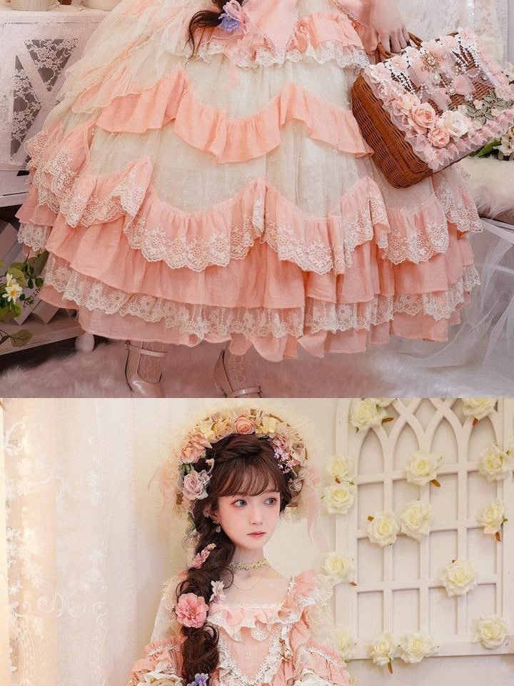 Cat little fairy Apricot Pink Floral Lolita Square Neck Puff Sleeve Women's Short Sleeve Op