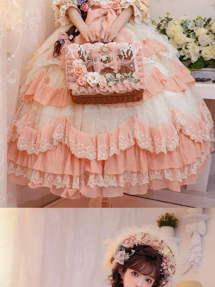 Cat little fairy Apricot Pink Floral Lolita Square Neck Puff Sleeve Women's Short Sleeve Op