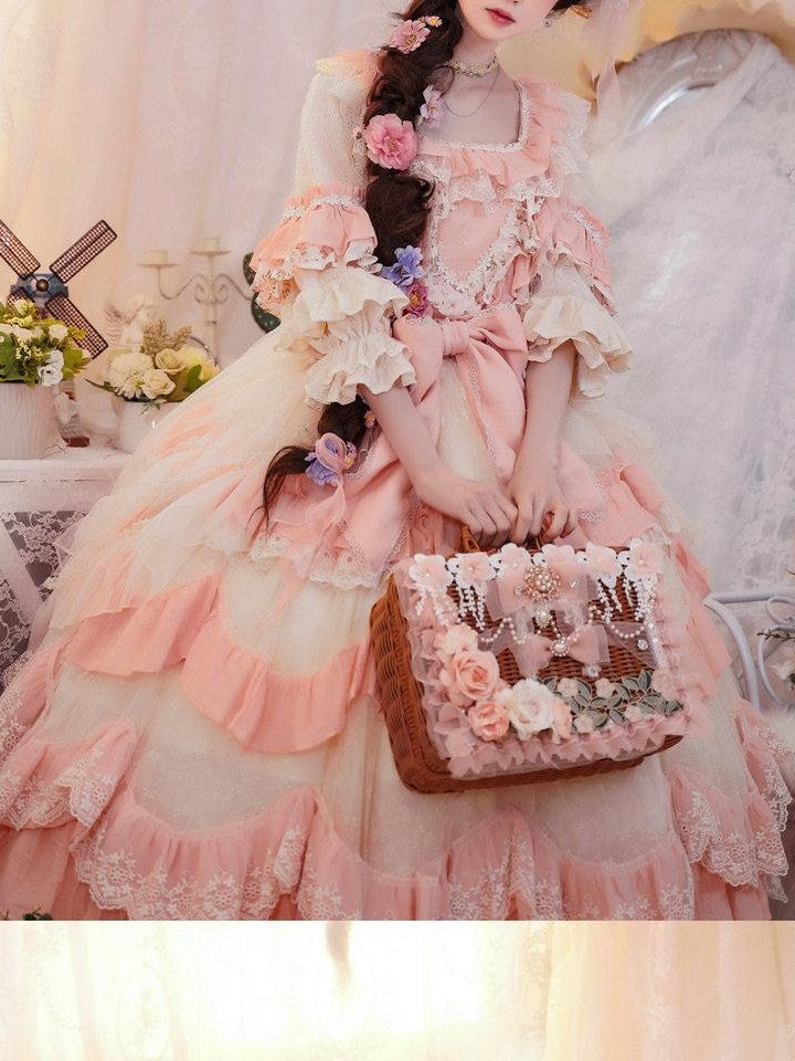Cat little fairy Apricot Pink Floral Lolita Square Neck Puff Sleeve Women's Short Sleeve Op