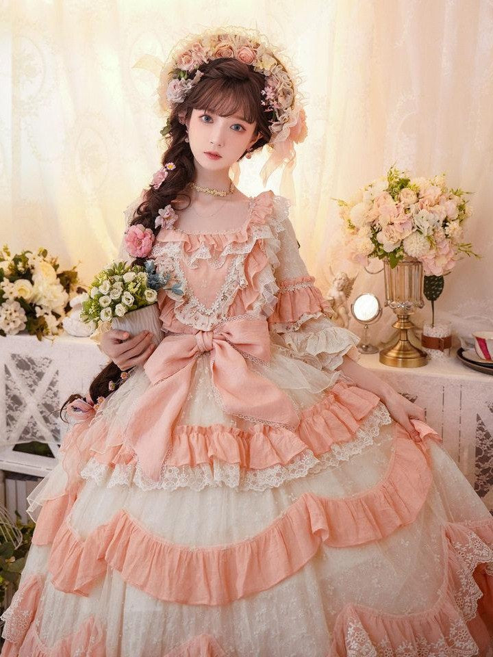 Cat little fairy Apricot Pink Floral Lolita Square Neck Puff Sleeve Women's Short Sleeve Op