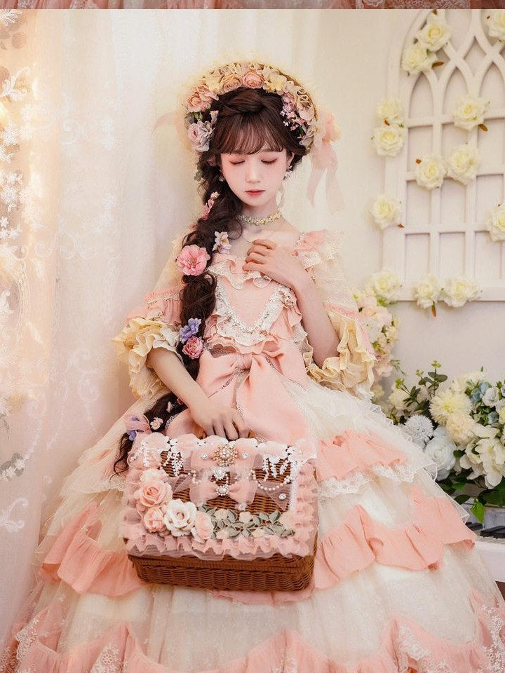 Cat little fairy Apricot Pink Floral Lolita Square Neck Puff Sleeve Women's Short Sleeve Op