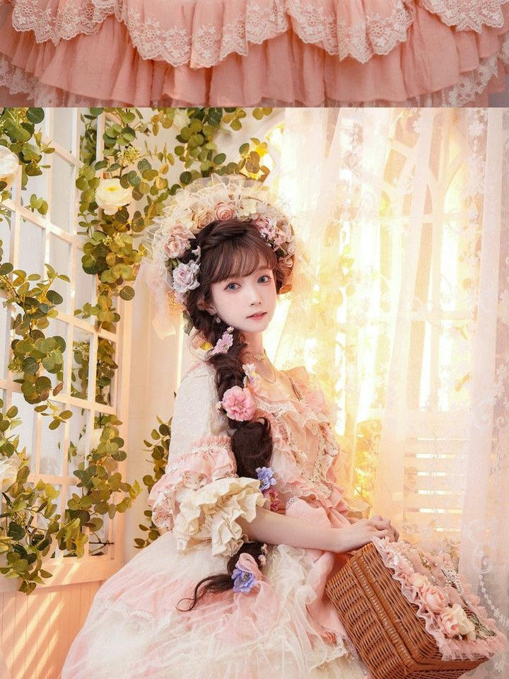 Cat little fairy Apricot Pink Floral Lolita Square Neck Puff Sleeve Women's Short Sleeve Op