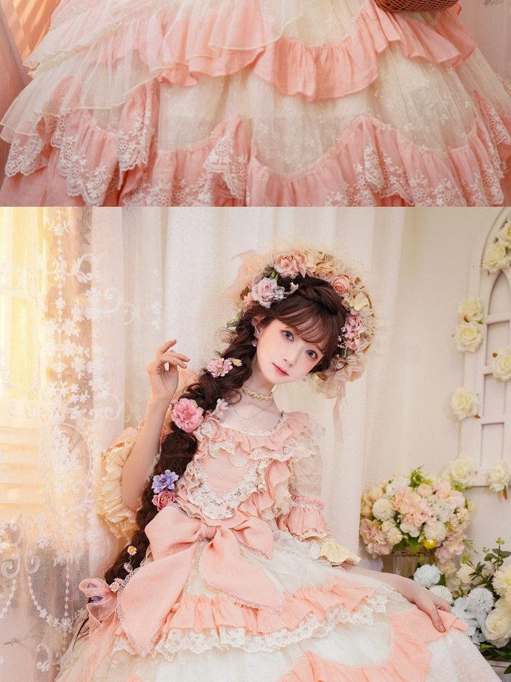 Cat little fairy Apricot Pink Floral Lolita Square Neck Puff Sleeve Women's Short Sleeve Op