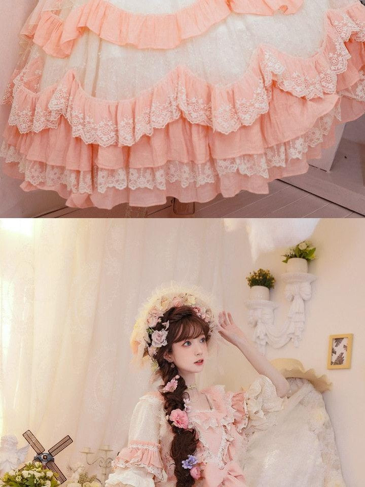 Cat little fairy Apricot Pink Floral Lolita Square Neck Puff Sleeve Women's Short Sleeve Op