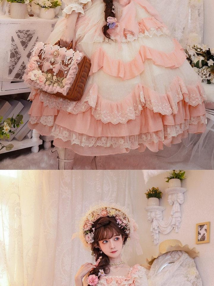Cat little fairy Apricot Pink Floral Lolita Square Neck Puff Sleeve Women's Short Sleeve Op