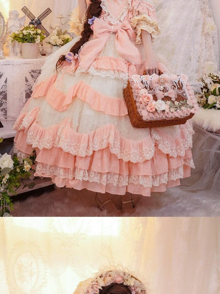Cat little fairy Apricot Pink Floral Lolita Square Neck Puff Sleeve Women's Short Sleeve Op